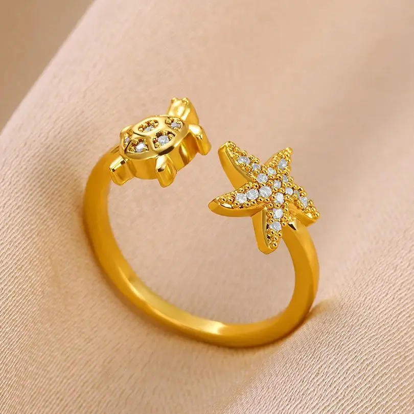 Cute Zircon Turtle Starfish Rings for Women Gold Color Adjustable Opening Tortoise Starfish Ring Wedding Jewelry Beach Gift