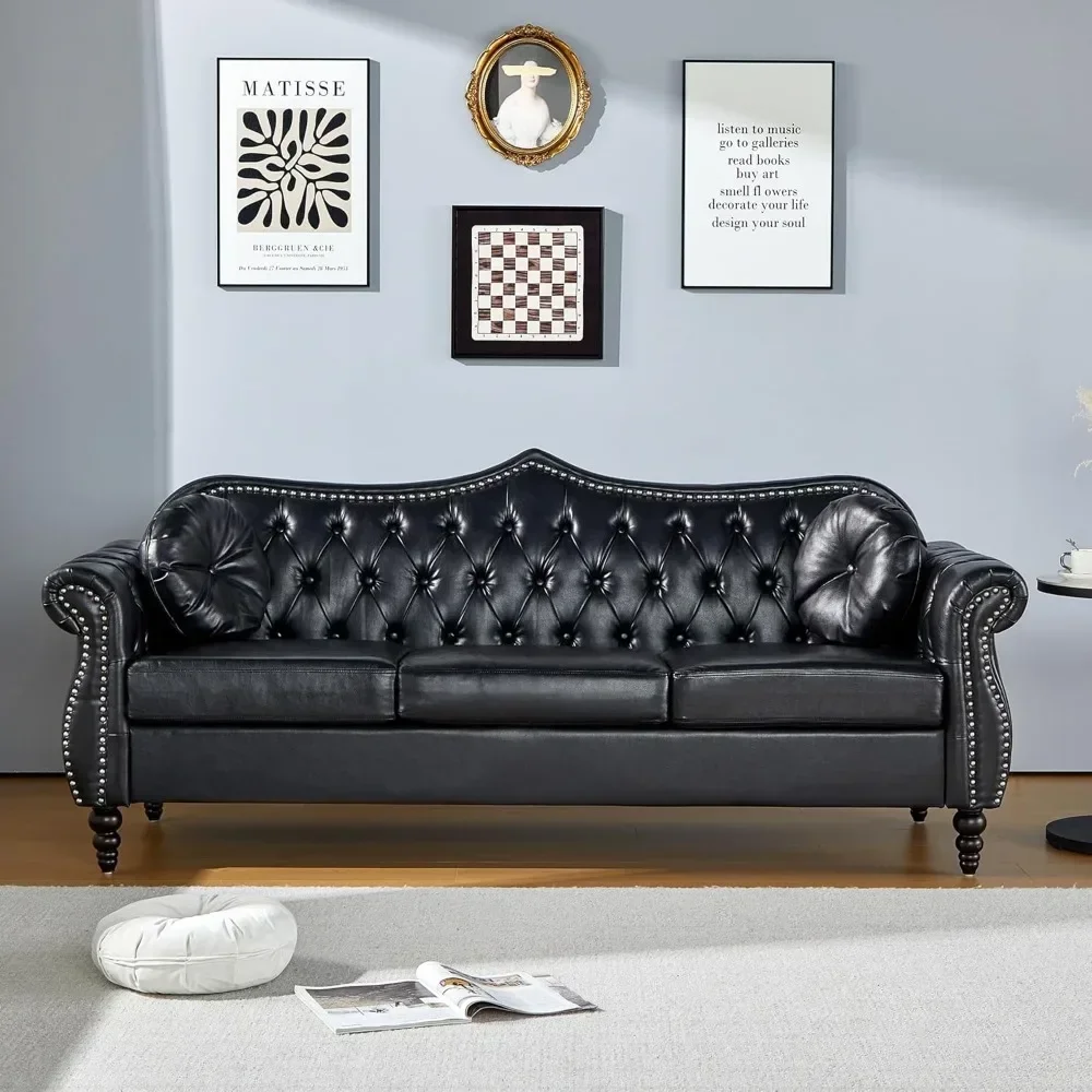 

82" Three Seater Sofa, Chesterfield Sofa, Mid-Century Modern PU Upholstered Sofa, Deep Button Tufted Living Room Sofa