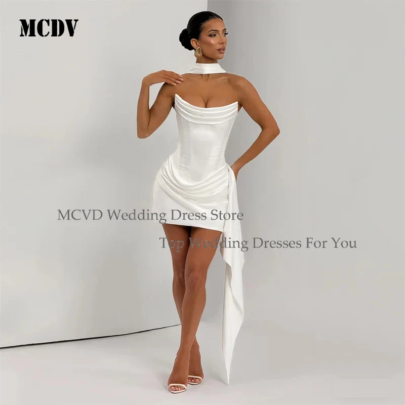 

MCDV Modest Sheath Satin Wedding Dress Sleeveless Strapless Pleated Lace Up Mini Bridal Gown Customized Vestido De Novia