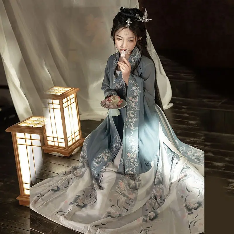 Robe Hanfu chinoise traditionnelle pour femmes, costume de cosplay d'Halloween féminin, Hanfu bleu imprimé, ensembles de 3 pièces, grande taille XL