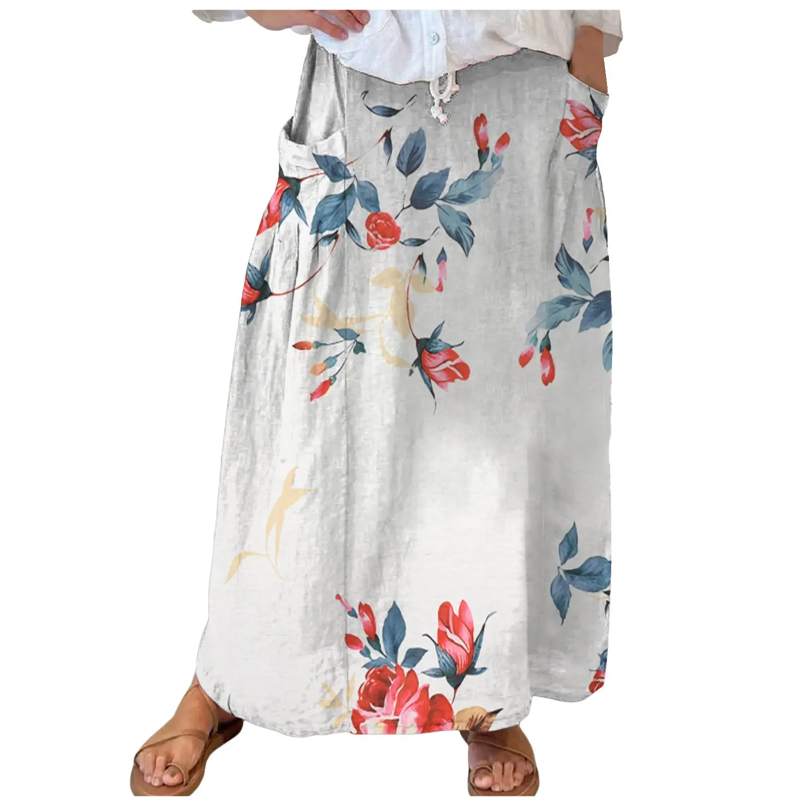 

Casual Botanical Print Skirt For Women Loose Elegant Pocket A-Line Long Skirt 2024 Spring Summer Fashion Office Lady New