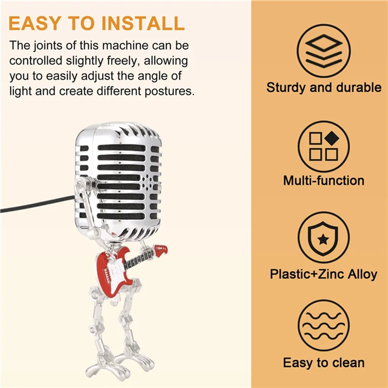 A71Z 2Pc Mic Rockbot,Metal Microphone Robot Table Lamp Holding Guitare Vintage Night Light,Vintage Microphone Robot Desk Lamp image 5