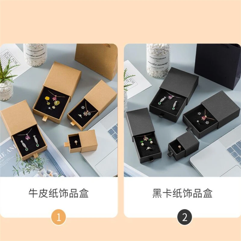 Engraved Logo Cotton Filled Cardboard Kraft Paper Jewelry Packageing Drawer Box Gift Case Black Display Boxes Storage