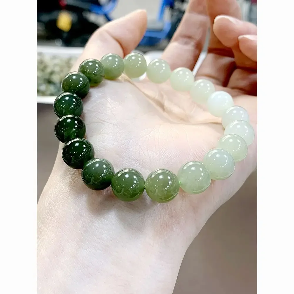 UMQ Natural Hetian jade gradual change bracelet ice clear water lake green bead bracelet