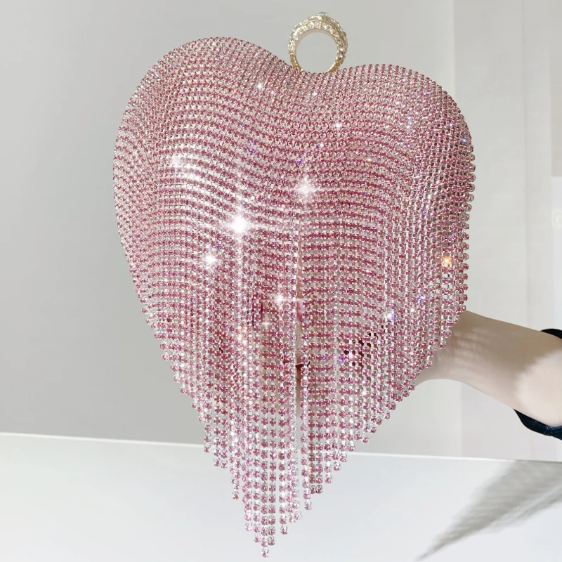 

Luxury Light Pink Evening Bag for Women Prom Party Sweet Heart Shape Handbag Fromal Dress Tassels Knuckle Box Rhinestone Purse