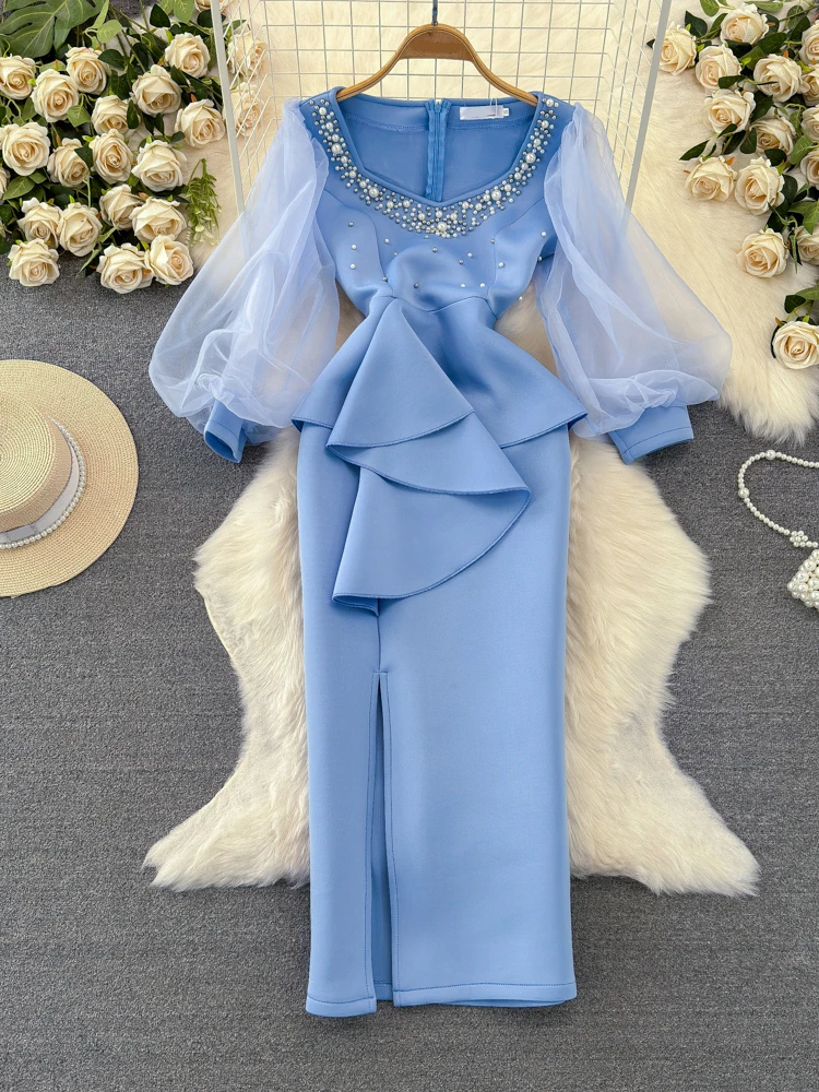 TWOTWINSTYLE Patchwork Pearls Split Dress For Women Square Collar Lantern Sleeve High Waist Elegant Dresses Female New KDR513358