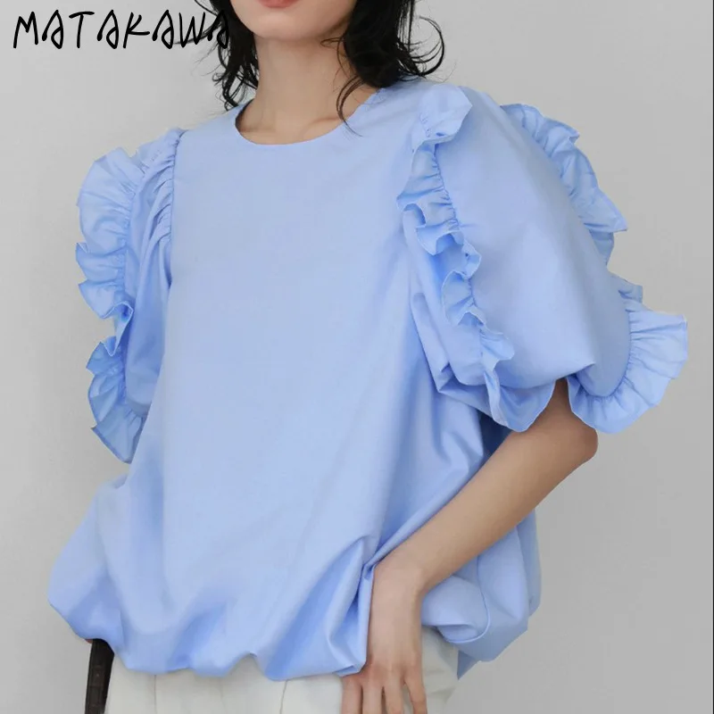 Matakawa Ruffles Puff Sleeve Women Shirts&blouses Solid Spring Summer Japanese Style Blusas Mujer Vintage Elegant Camisas