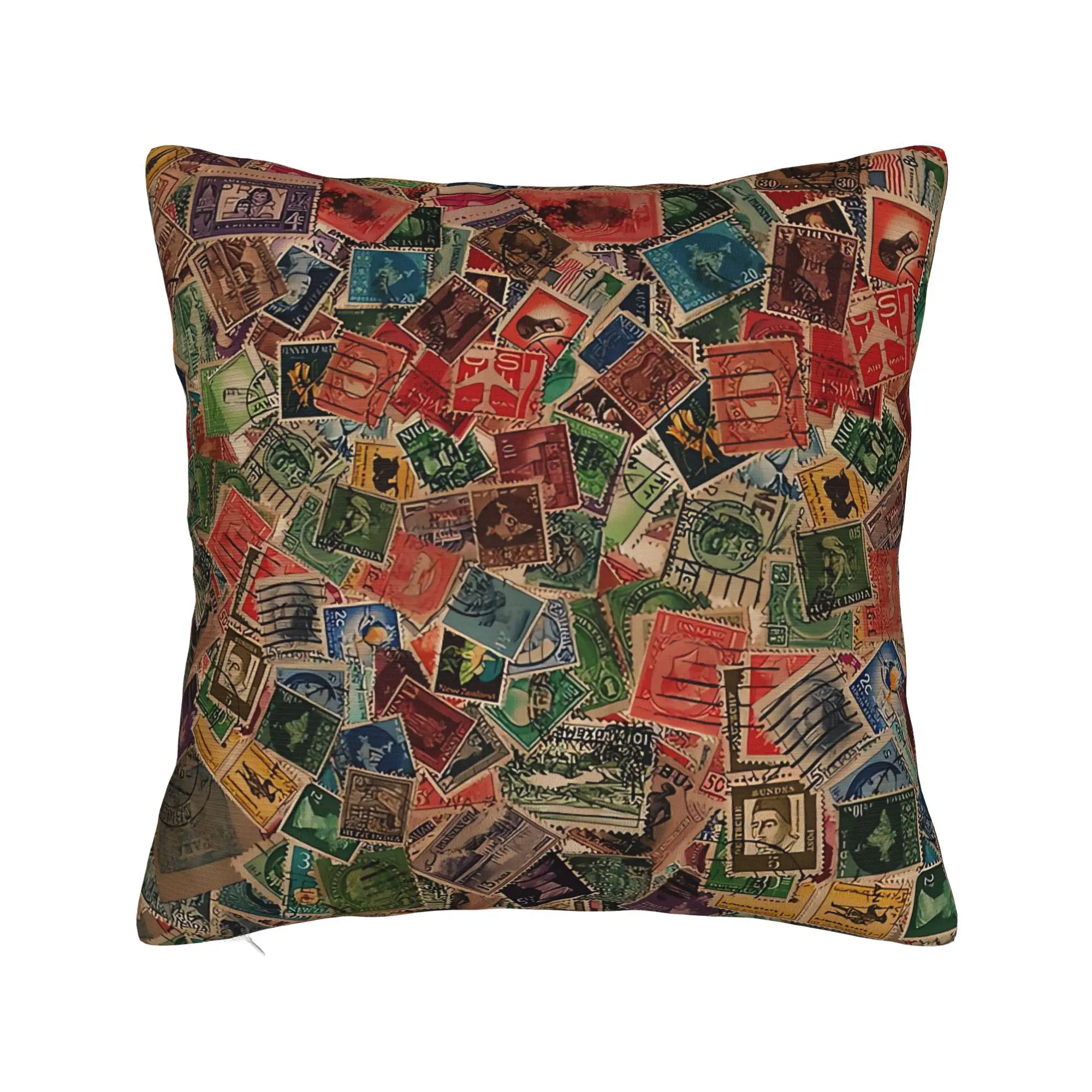 Elegant Cushion Cover Featuring a Vintage Postage Stamp Collection, Perfect for Adding a Stylish Touch to Modern And Minimalist Living Spaces