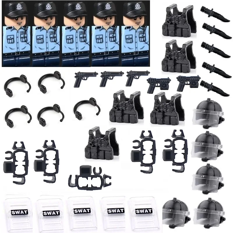 5PCS/SET Hong Kong City Police Military MOC Building Blocks City SWAT Team for Children Weapons Figures Brick Mini Toys Hobbies