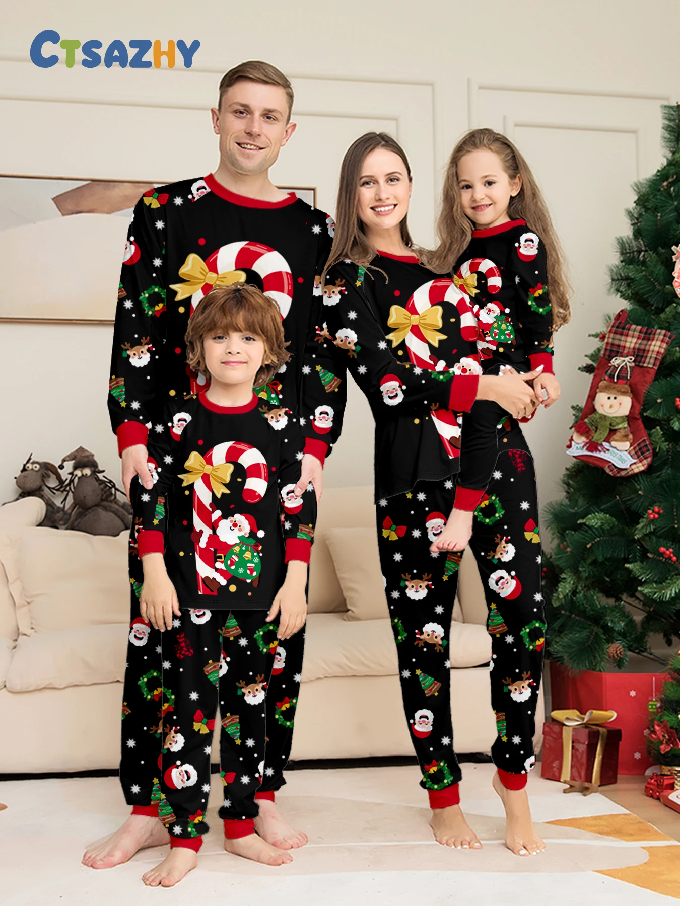 Family Christmas Pajamas Matching Parent-child Sleepwear Black Long Sleeve Santa Candy Cane Print Xmas Gift Men Women Kids