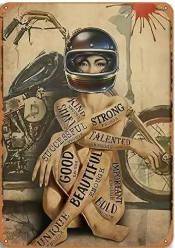 MOTORCYCLE METAL TIN SIGN SEXY PIN UP MOTORCYCLE WOMAN WITH WORDS ON BODY ART sign