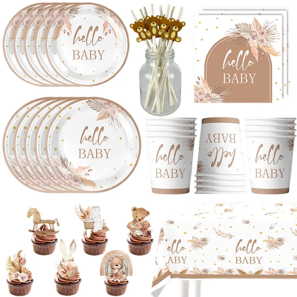 Bonjour bébé sexe révéler fournitures de fête vaisselle jetable assiettes en papier serviettes tasses décoration de gâteau décors de fête prénatale