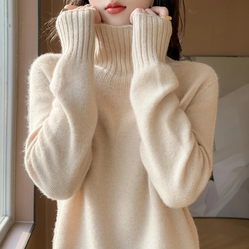 

100% Merino Wool Thickened Long Sleeve Women Turtleneck Sweater Soft Warm Cozy Autumn Winter Female Casual Pullover Knitwear Top