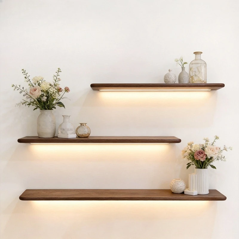 Walnut Solid Wood LED One-line Shelf, Wall Mounted Cup Set Rack, Tea Room Organizer, Homes Display Holder Stand Decors Gift Box.