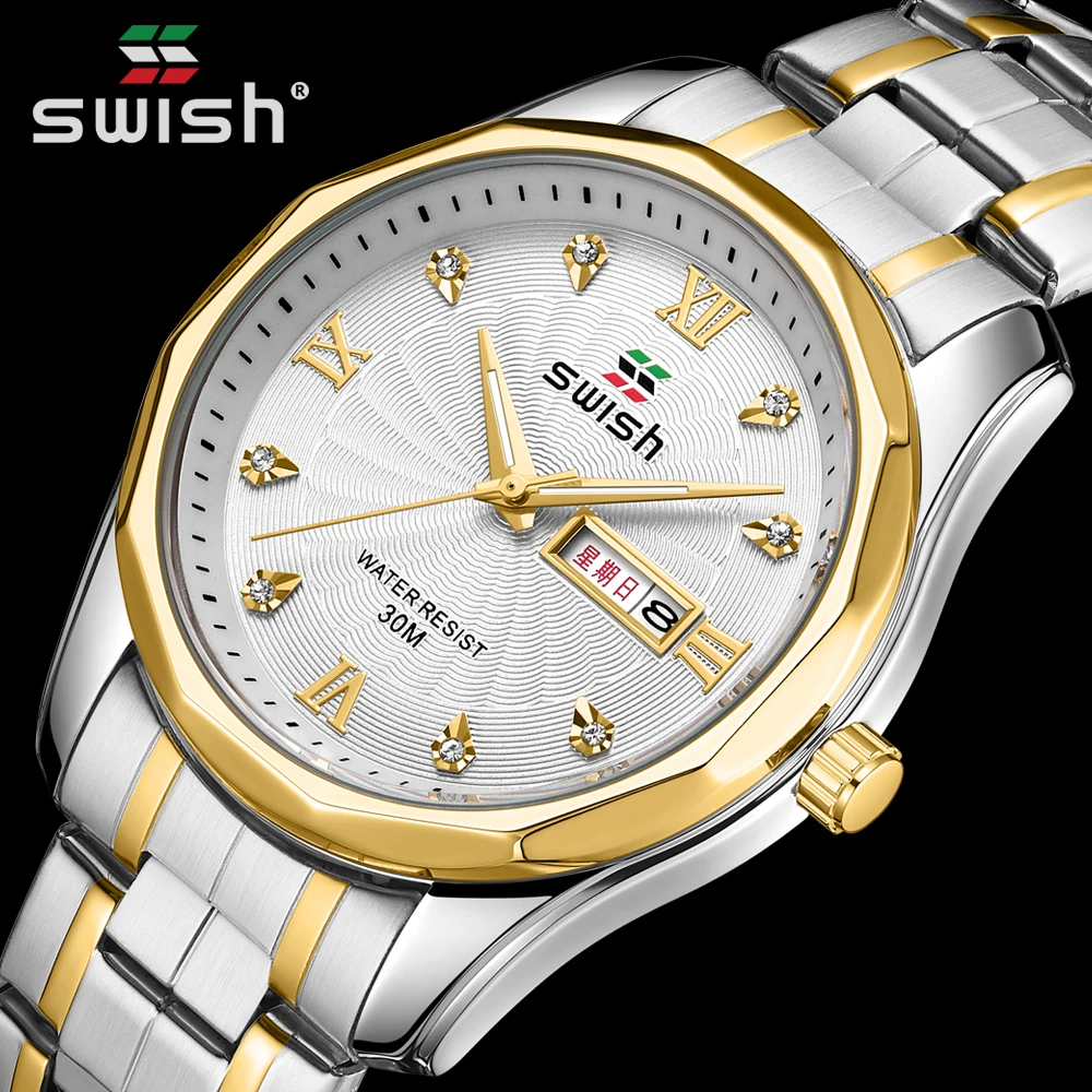 SWISH Luxury Watch for Men Steel Business Wristwatch Diamond-like Index QUARTZ Wristwatch Relogio Masculino Hombre Roman Date