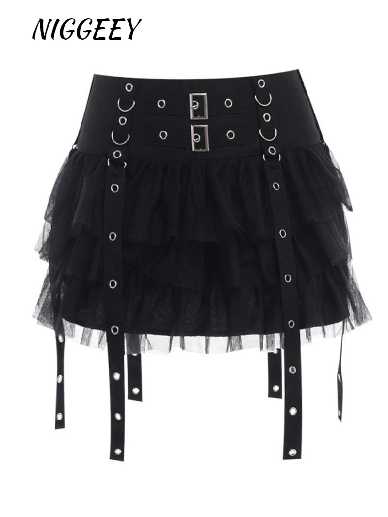 

NIGGEEY Dark Punk Gothic Style Chicken Eye Buckle Ribbon Low Waist Pleated Skirt Gauze Skirt Subculture A-line Half Skirt Women