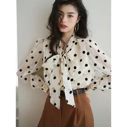 Fashion Printed Spliced Lace Up Bow Polka Dot Shirts Women Clothing 2023 Autumn Winter Loose All-match Tops Office Lady Blouses