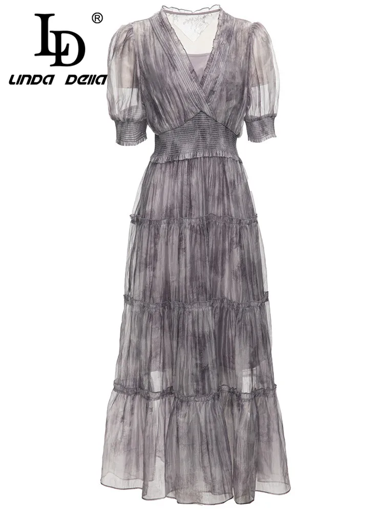 

LD LINDA DELLA Summer Runway Designer Vintage Dress Women's Puff Sleeve High Waist Splice Crumple Chiffon Long Dress