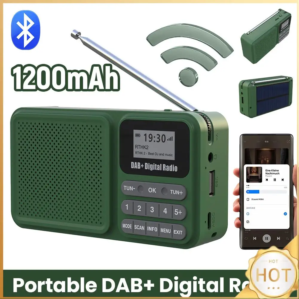 

Портативное цифровое радио DAB+ с Bluetooth, беспроводная колонка на солнечной энергии/перезаряжаемая, поддерживает воспроизведение MP3 с U-диска и TF-карты