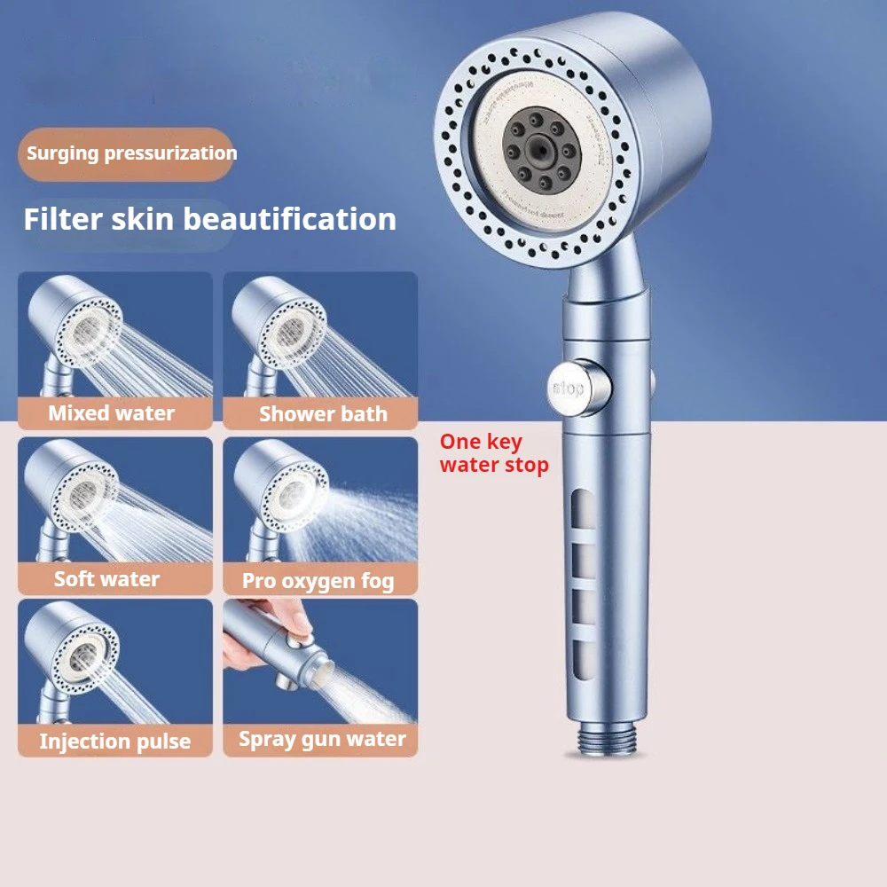 Soffione Doccia Portatile a 5 Getti in ABS, Alta Pressione, Grande Flusso, con Filtro e Pulsante di Arresto, Ugello Universale per Bagno