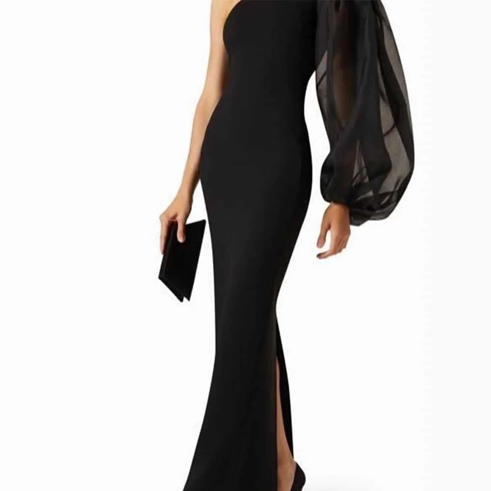 

Simple Prom Dresses for Ladies Jersey Sheath/Column Formal Evening Dress Black One-shoulder Split Lantern Sleeve Prom Dress Long