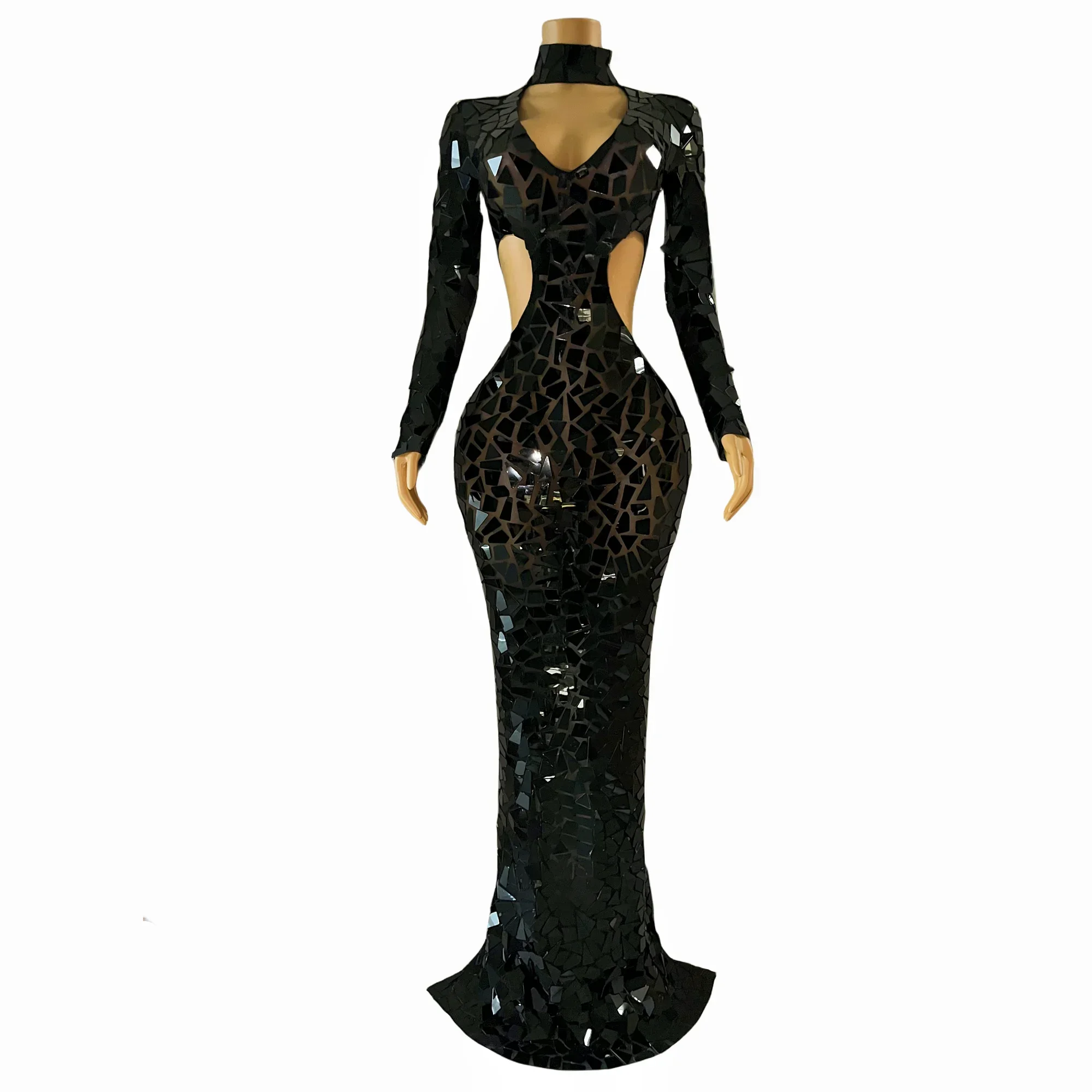 

Photography Evening Gown Women Prom Birthday Show Collection Luxury Black Mirrors Hollow Waist Stretch Dress
