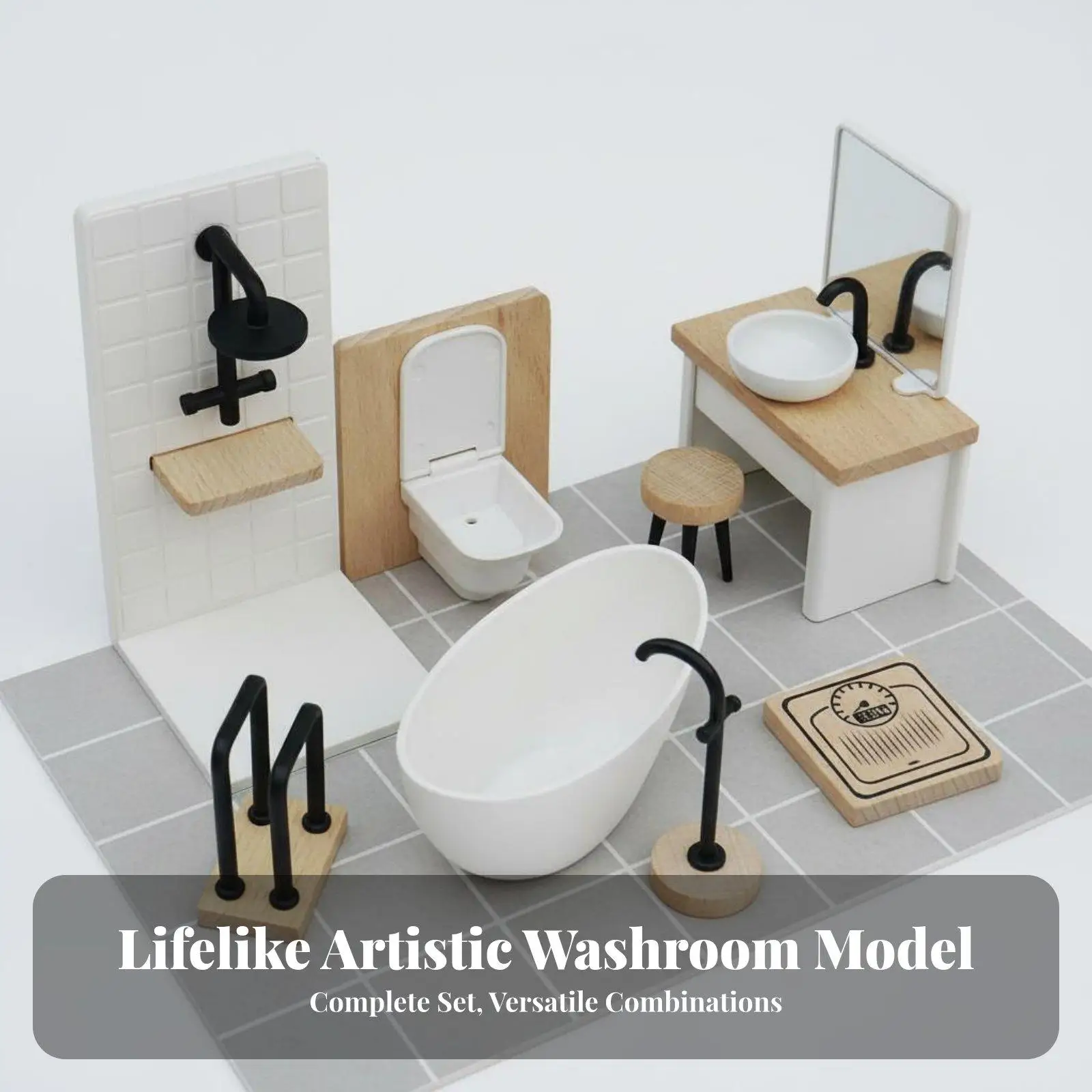 Miniature Dollhouse Wooden Bathroom Furniture Set 8PCS for 1 12 Scale Dollhouse with Shower Bathtub Toilet Vanity Sink Stool