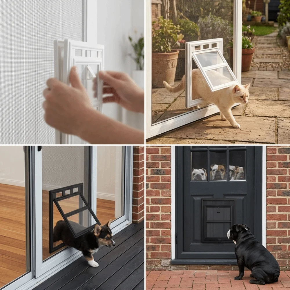 L Shaped Frame Pet Flap Door Dual Opening Mode Adjustable Cut Size Cat Screen Door Weather Tough Build Mesh Screen Surface
