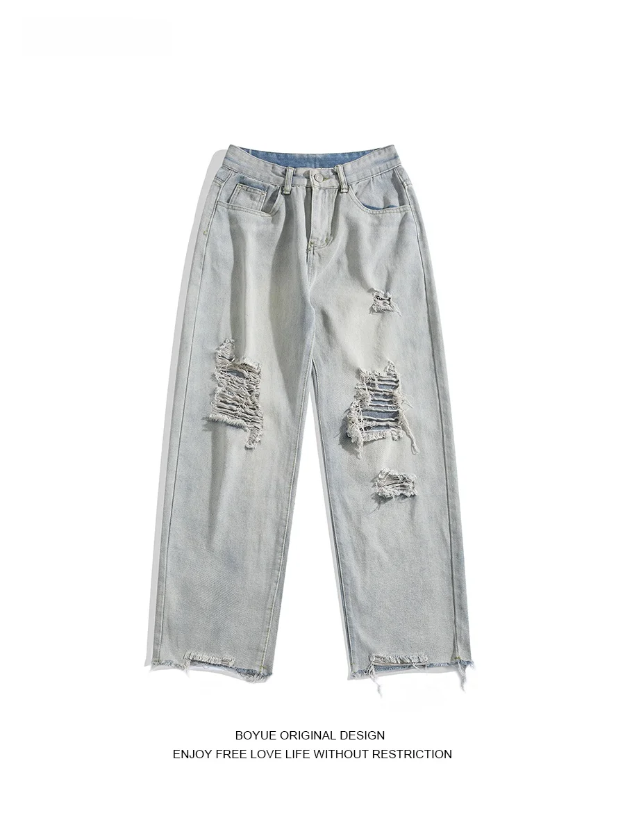 

Boyue Casual Straight Leg Jeans Men's Loose Fit Denim Pants Teenagers Faion Hole Frayed Hem Jeans Autumn Wear Youth Sle