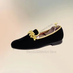Gold String Of Beads Decor Black Penny Loafers Fashion Slip On Men Shoes Luxurious Handmade Party Feast Banquet Men Casual Shoes