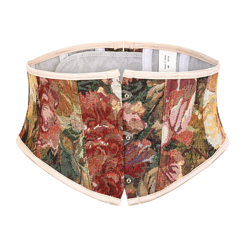 Brązowy kwiatowy wydrukowano kobiety Underbust gorset pas Vintage pas wyszczuplający w talii urządzenie do modelowania sylwetki średniowieczny gotycki odzież seksowny gorset Top