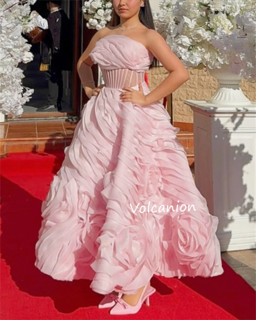 تخصيص الأورجانزا كشكش زهرة حمالة الكرة ثوب فساتين متوسطة الطول مناسبة مخصصة بسيطة رائعة ذات جودة عالية