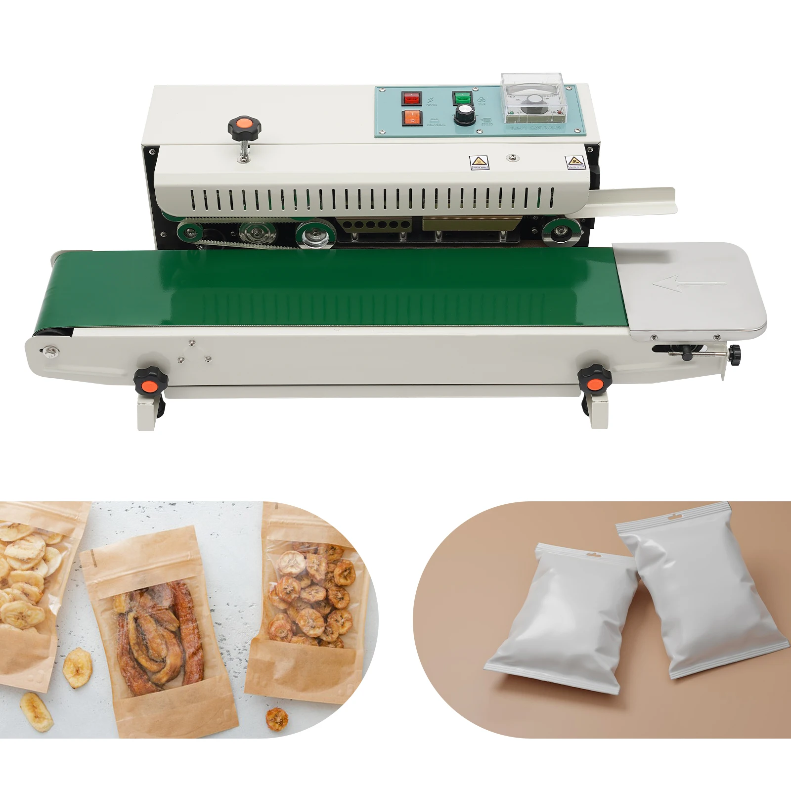 Sellador de banda horizontal automático FR-900, máquina de sellado de banda de bolsas continua para bolsas de 0,02-0,8 mm, ajuste de mesa transportadora