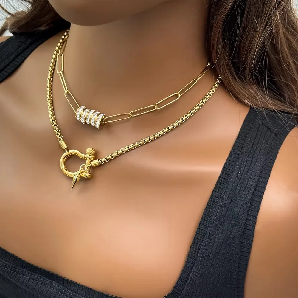 Tarnish Free Waterproof Stainless Steel Paper Clip Chain Choker Jewelry 18k Gold Plated Zircon Circle Pendant Necklace for Women