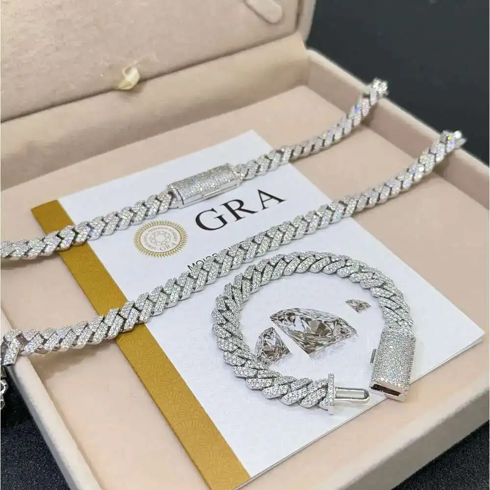 

10mm Iced Out Miami Hip Hop Chain Necklace 925 Sterling Silver Vvs Moissanite Cuban Link Chain for Men Women