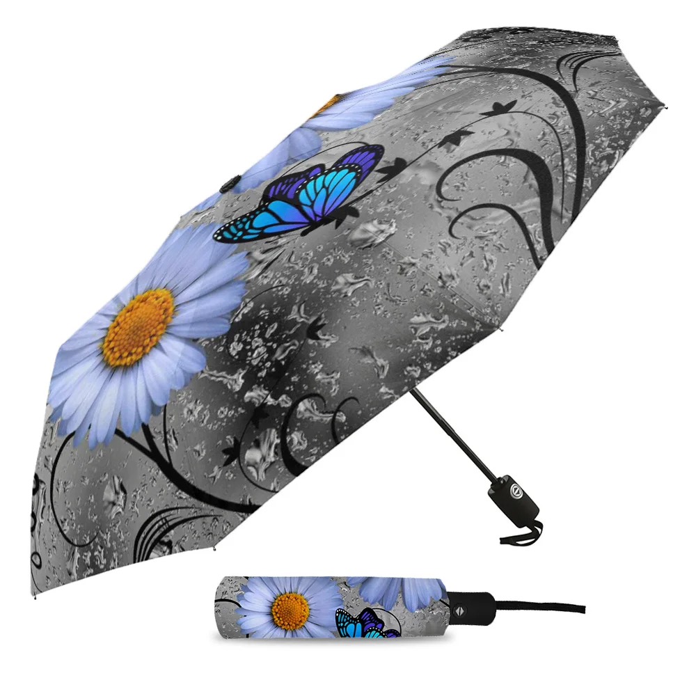 Daisy Butterfly Drops Of Water Windproof Umbrellas Travel Folding Umbrella for Female Male Eight Bone Automatic Printed Parasol