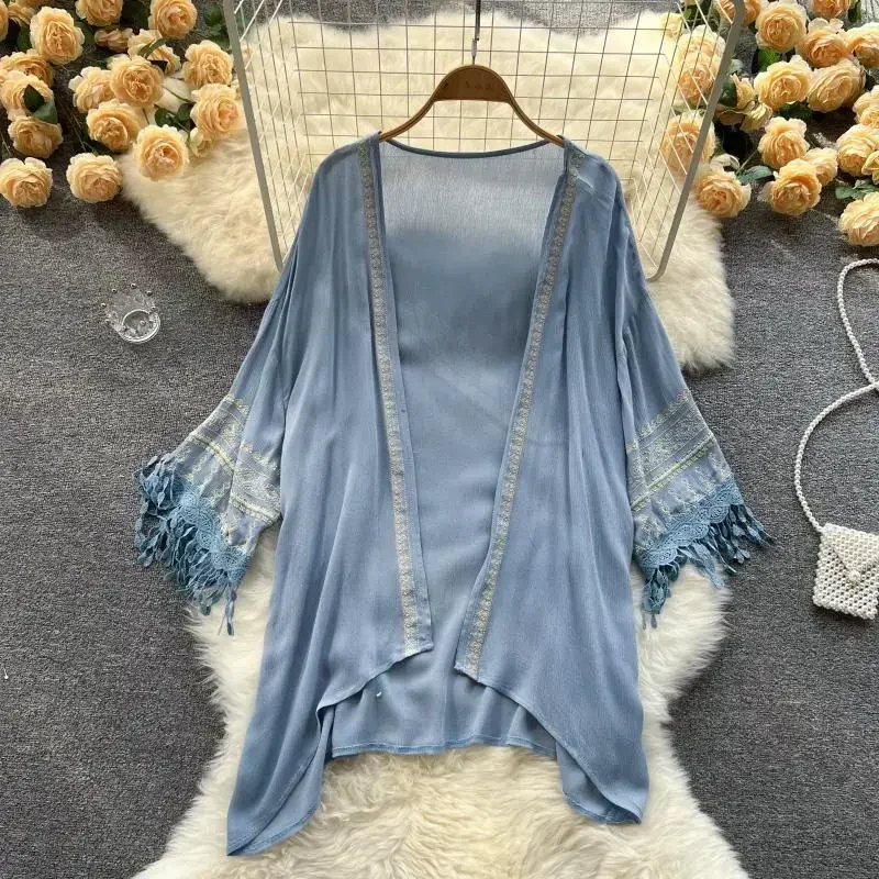 Summer Bohemian  Cover Up Poncho Women Pareo Beach Kimono Long Fashion Embroidery Cardigan Tassel Chiffon Shirt ED1881