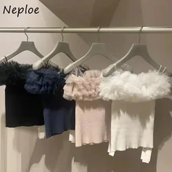 Neploe Sweet Slash Neck Butterfly Sleeve Fresh Knitwear Voile All-match Slim Fit Patchwork Femme Japan Fungus New Casual Tops