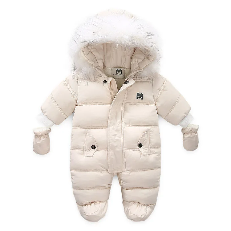 RAISE Winter Baby Jumpsuit Thicken Fur Collar Hooded Newborn Baby Girl Bodysuit Solid Gloves Infant Boy Snowsuit Toddler Rompers