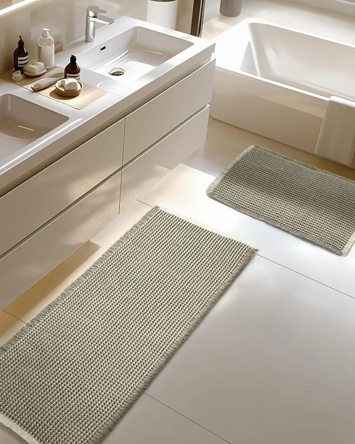 

Non-Slip Waffle Bath Mat Set, Ultra Absorbent & Washable, Green & White, 2 Sizes for Bathroom Decor