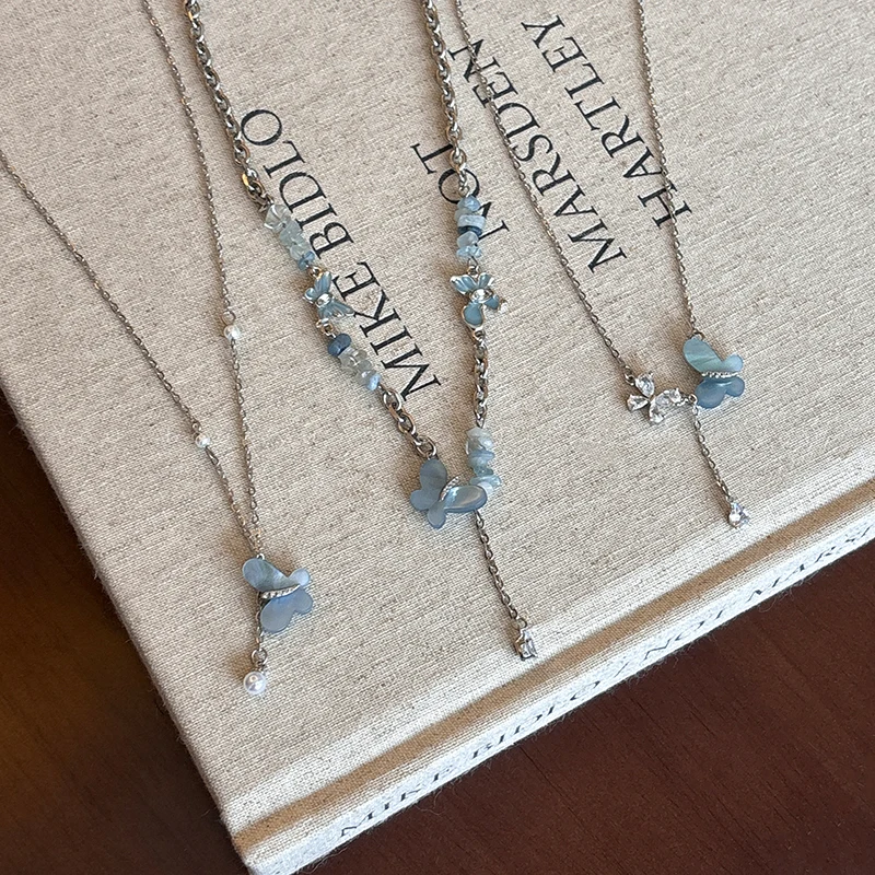 Aquamarine Butterfly Pendant Necklace for Women - High-End Elegant Summer Chain.