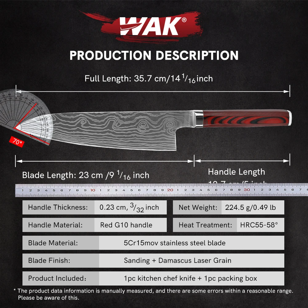 WAK Laser Dmascus Pattern Kitchen Chef Knife Ergonomic Red G10 Handle Kitchen Knives Vegetable Meat Fish Cutting Chef Knife