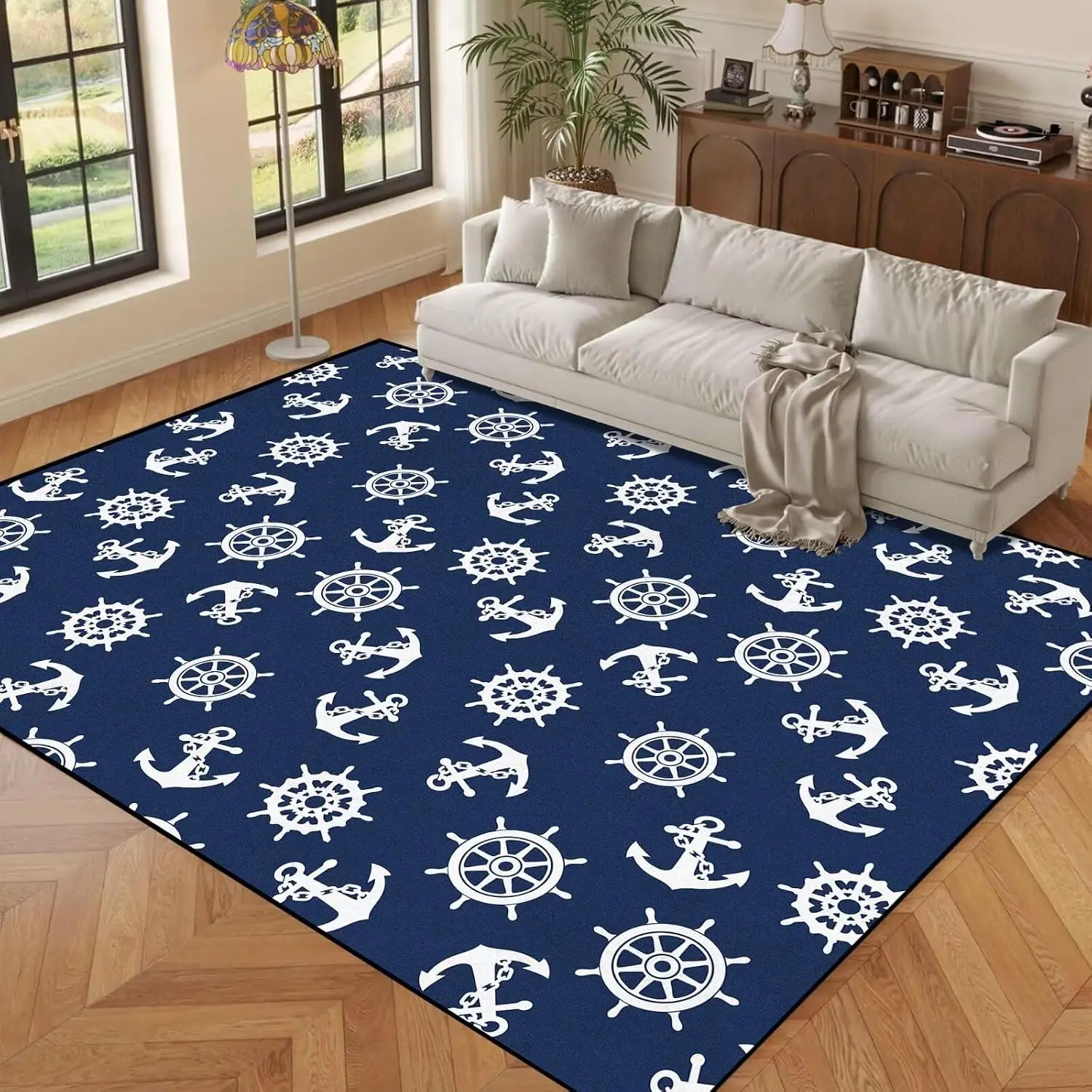 Navy Anchor Wheel Mat, Simple White Anchor Ship Wheel Marine Decor Art Print, Non-Slip Washable Rug for Entry Hall Kitchen