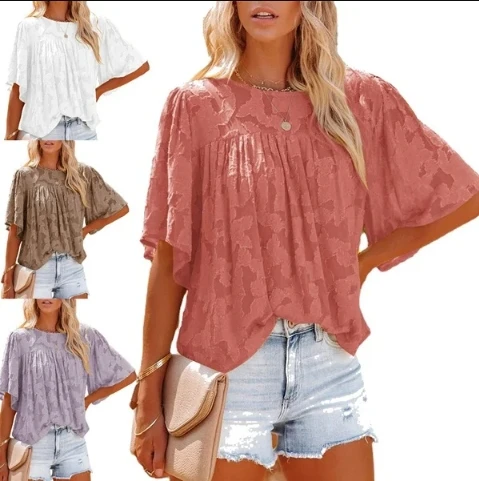 Summer Ladies Fashion Trend Solid Color Printed Blouse Casual Baggy Puffed Round Neck Bat Sleeve T-shirt