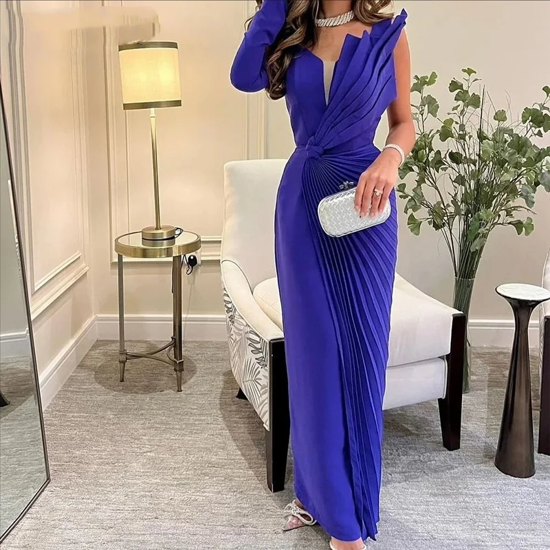 

Royal Blue Prom Dress Asymmetric Pleated Maxi Satin Prom Gown with One-Shoulder Long Sleeve Evening Dresses Customized