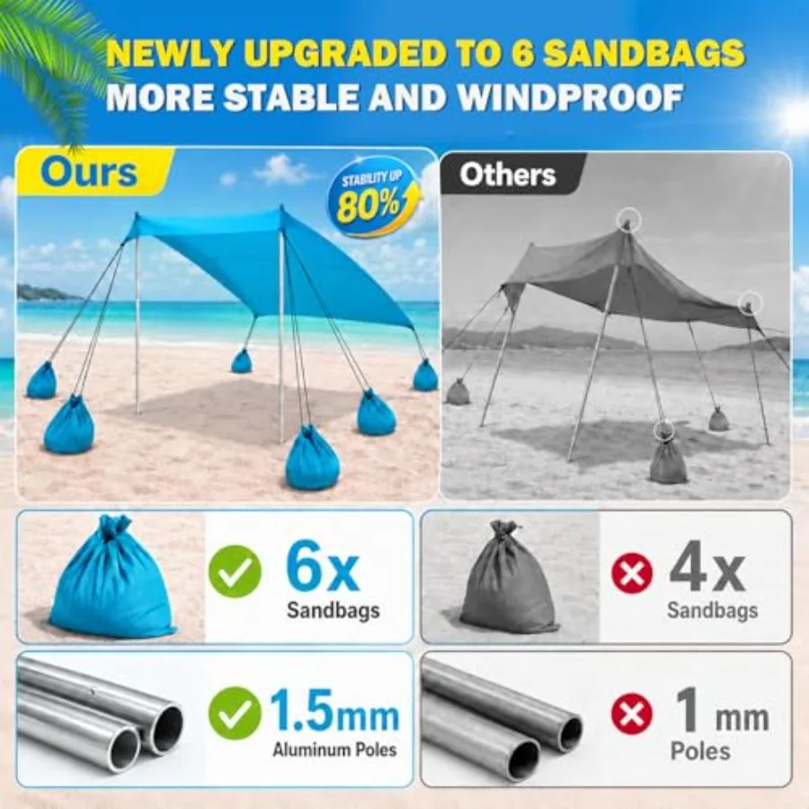 Beach tent for outdoor camping, fishing, picnics; polyester fabric, beige color; UPF50+ sun protection, portable with sandbags,