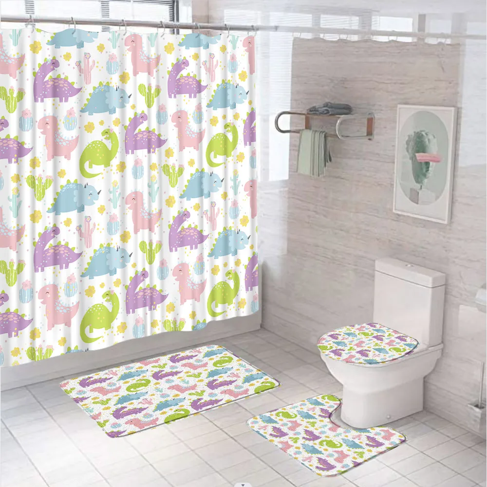 

4Pcs Cartoon Dinosaur Shower Curtain Set Non-Slip Rugs Toilet Seat Cover Bath Mat Cute Tropical Plant Cactus Kids Bath Curtains