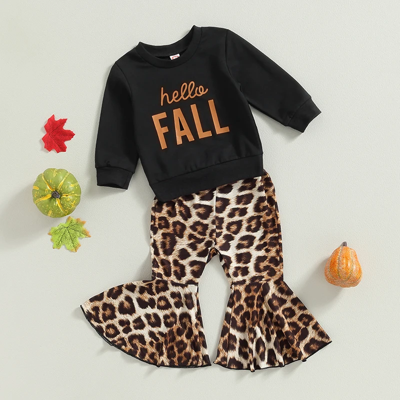 Adorable Toddler Girls 2PCS Outfit Set with Long Sleeve Letter Print Sweatshirt and Leopard Print Flared Pants - Cute and