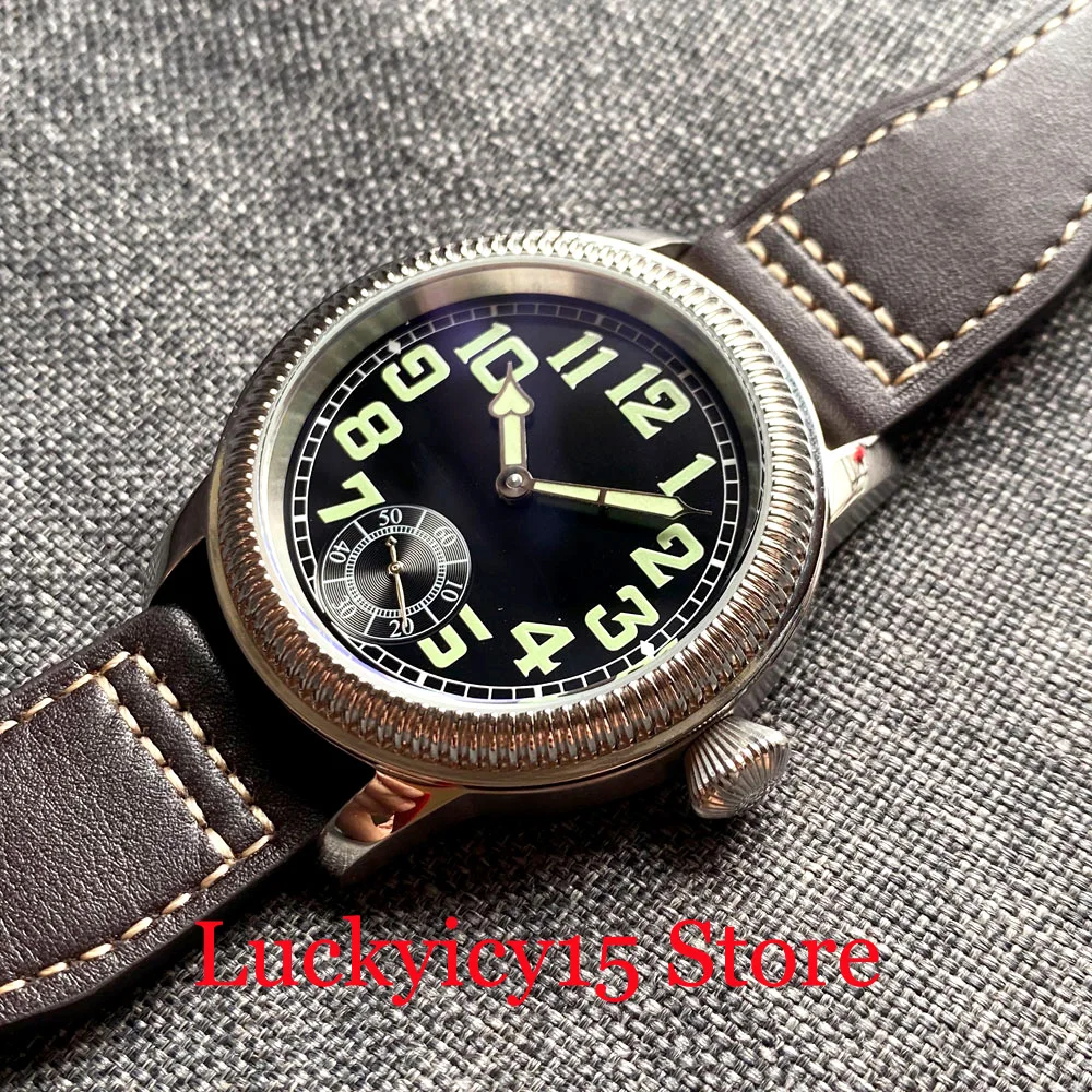 44MM Sterile Luminous 17 Jewels 6498 Hand Winding Movement Men\'s Wristwatch Stainless Steel Watch Case