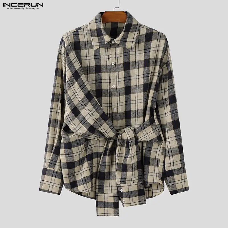 INCERUN Mannen Onregelmatige Shirts Plaid Revers Lange Mouw Lace Up Mannen Kleding Streetwear 2025, Koreaanse Stijl Losse Casual Mannelijke Shirts